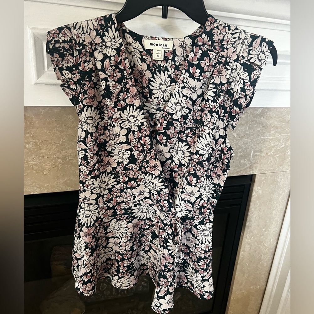 Floral Wrap Top - Black and Pink